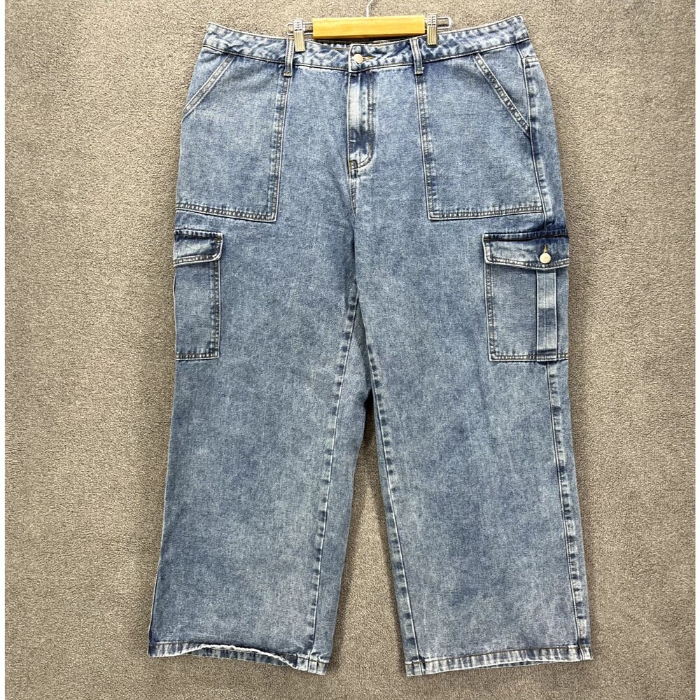 Shein Curve Jeans Womens 3XL Blue Denim Cargo pockets Wide Leg‎